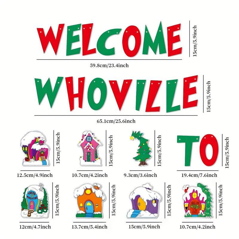 Welcome To Whoville Banner, 1 Set Christmas Themed Banner, Xmas Whoville Christmas Village Trees Banner, Merry Christmas Decorations for House Office School