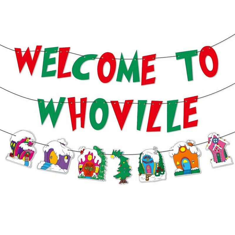 Welcome To Whoville Banner, 1 Set Christmas Themed Banner, Xmas Whoville Christmas Village Trees Banner, Merry Christmas Decorations for House Office School