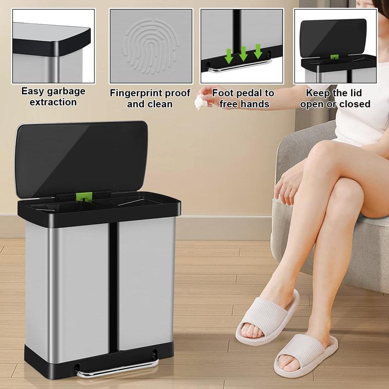 Kitchen Trash Can 16 Gallon  60L Stainless Steel Dual Trash Can with Lid & Double Barrel, High-Capacity Step Garbage Can Classified Recycle Rubbish Bin Combo for Bathroom Bedroom Home Office