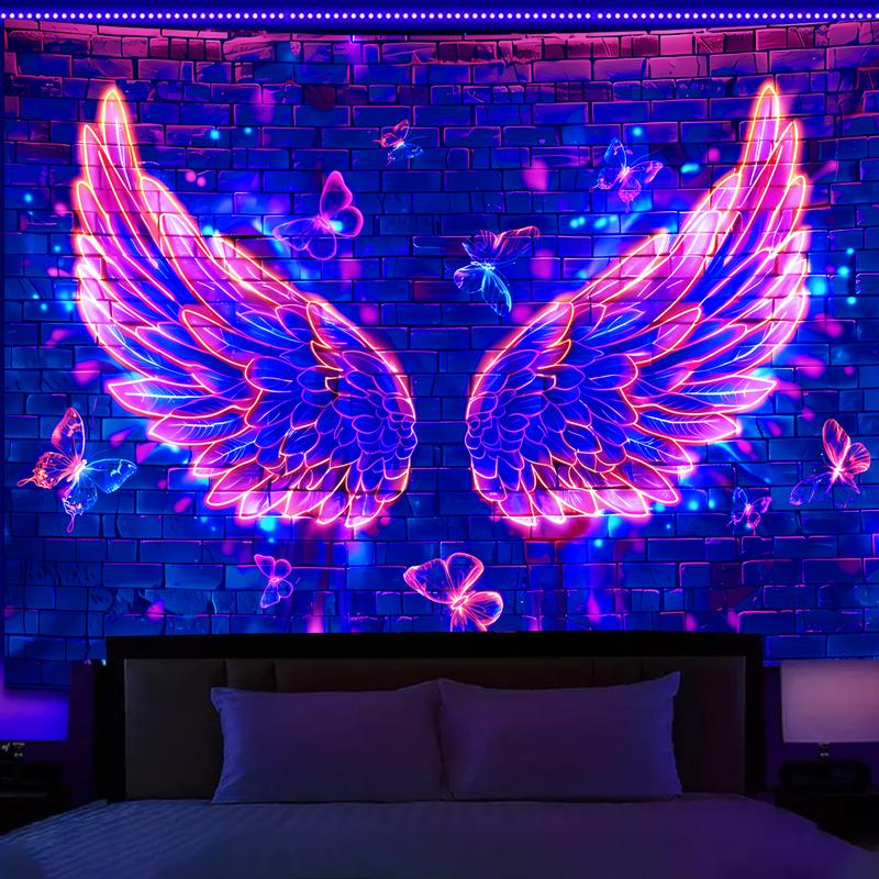 Blacklight Angel Wings Tapestry, UV Reactive Neon Wings Wall Hanging Tapestries, Fluorecent Butterfly Aesthetic Wall Art Decor for Bedroom, Living Room