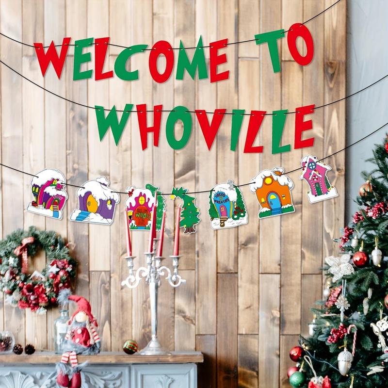 Welcome To Whoville Banner, 1 Set Christmas Themed Banner, Xmas Whoville Christmas Village Trees Banner, Merry Christmas Decorations for House Office School