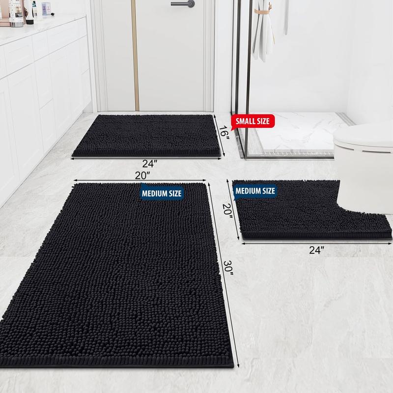 Black Luxury Chenille Bath Rug, 30''x20'', Extra Soft and Absorbent. non-slip plush shaggy bath carpet, Machine Washable. Carpet Runner for Tub, Shower, and Bath Room. Mat Microfiber