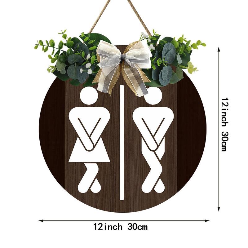 Wreath Pattern Design Bathroom Sign, 1 Count Cute Funny Toilet Decor Sign, Wooden Rustic Restroom Wall Art Hanging Farmhouse Plaque