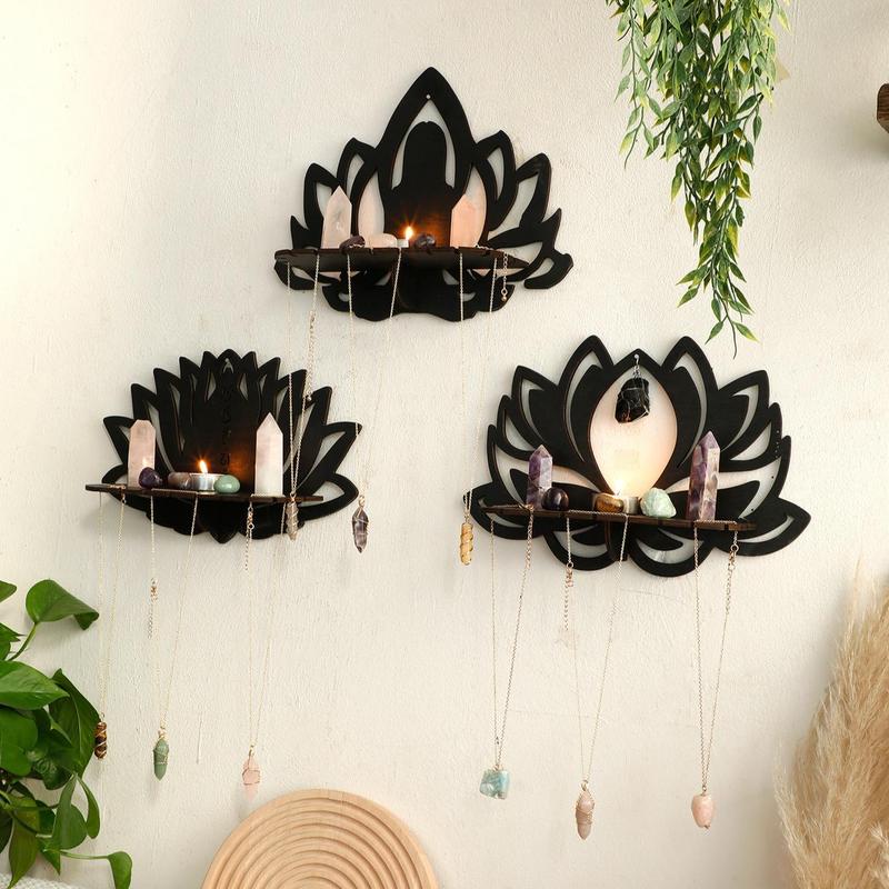 Lotus Flower Design Wall Hanging Shelf, 1 2 3 Counts Wooden Hanging Decor, Wall Shelf for Home Office Bedroom Living Room, Home Decor