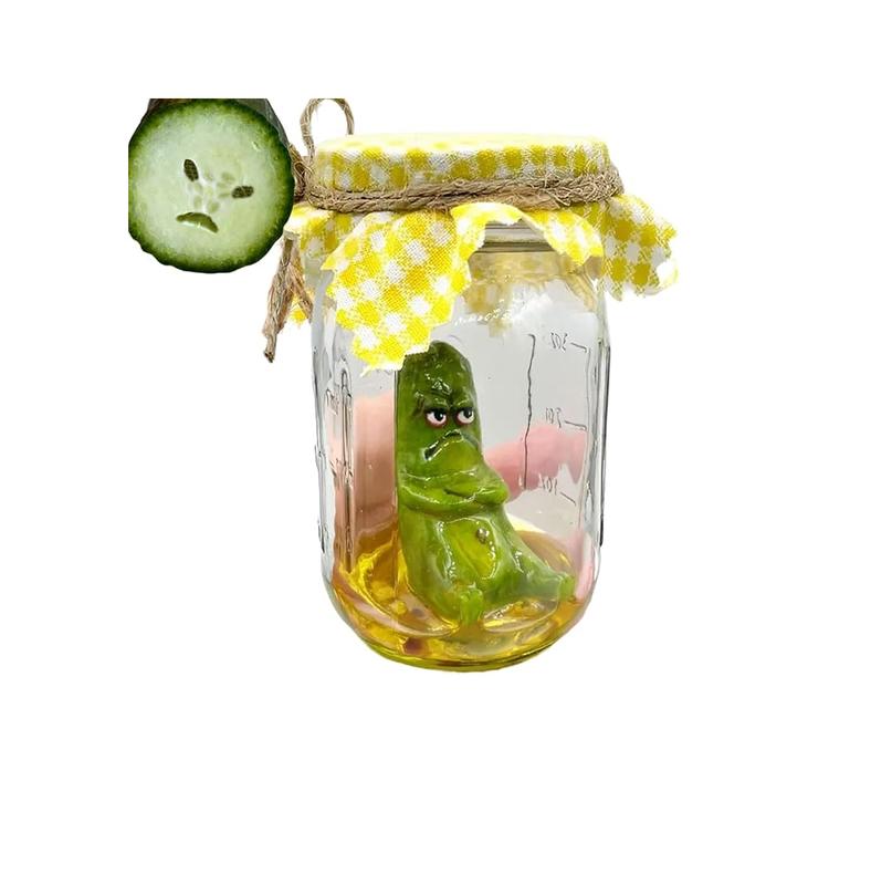 Grumpy Pickle in A Jar Sculpture,Miniature Glass Screaming Pickle in a Jar Sculpture,Handmade Cute Emotional Support Pickle in a Jar, Cute Pickle in a Jar Sculpture Gift (Angry)