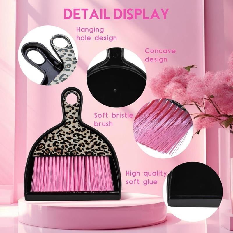 2count Mini Dustpan and Brush Set, Mini Broom and Dustpan Set with Pink Leopard Print Design, Hand Broom and Dustpan Set, Whisk Broom and Dustpan Set for Cleaning Desk, Kitchen, Home, Cars, Pets, s