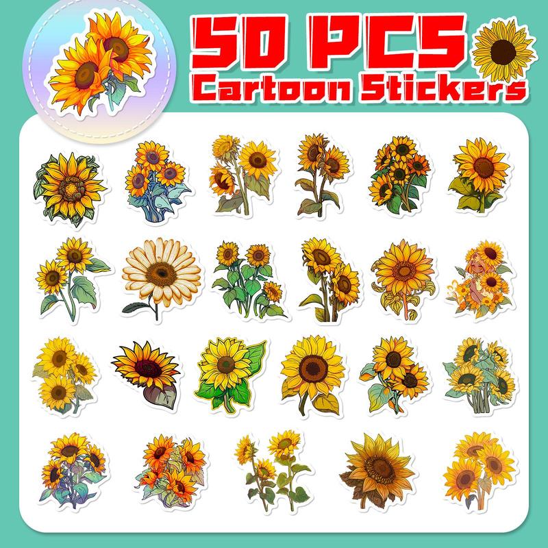 50pcs Cartoon Sunflower Series Sticker, Waterproof Sticker Pack for Wall Water Bottle Skateboard Helmet Car Bike Luggage Laptop, Birthday Decor, Mean Girls Decoration