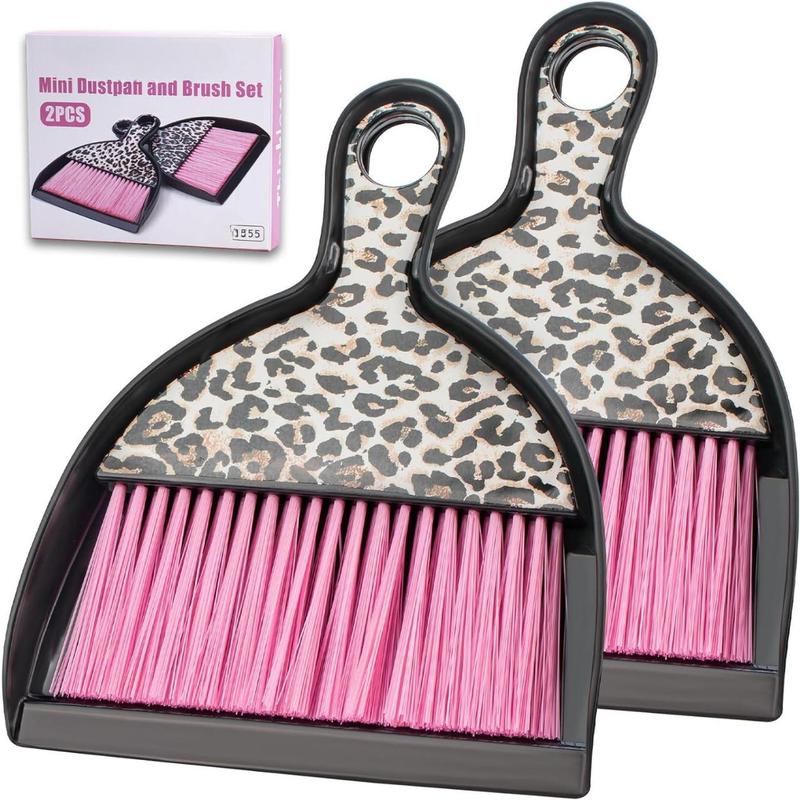 2count Mini Dustpan and Brush Set, Mini Broom and Dustpan Set with Pink Leopard Print Design, Hand Broom and Dustpan Set, Whisk Broom and Dustpan Set for Cleaning Desk, Kitchen, Home, Cars, Pets, s