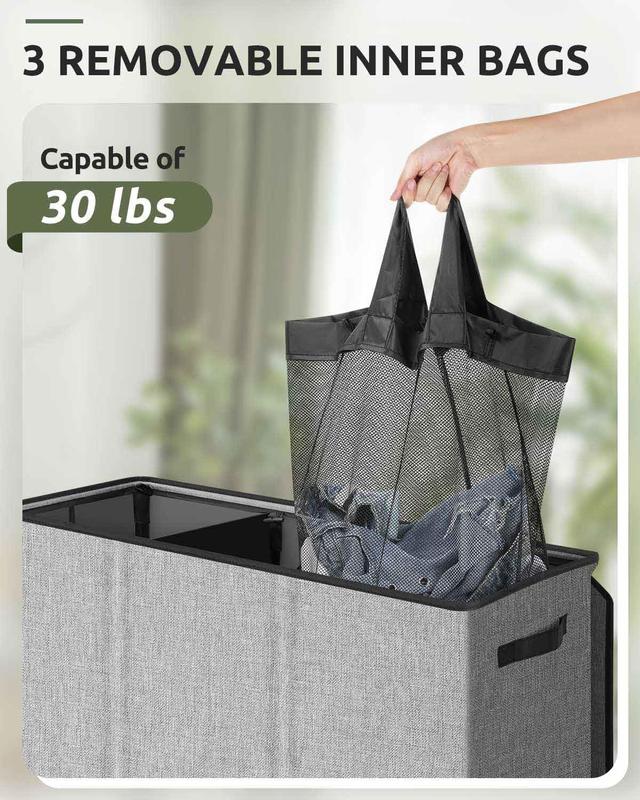 Relefree laundry hamper 3 section,180L large laundry basket for laundry sorting,Clothes Hamper with 3 Removable Bags,laundry hamper with lid, ideal for Bedroom,Bathroom,D orm,Laundry Room,Grey Organiser