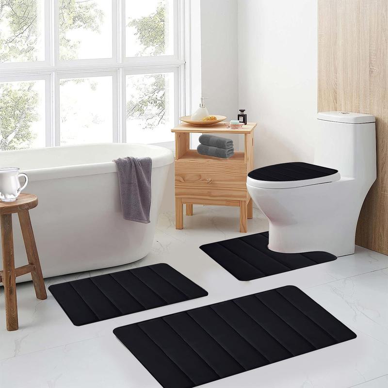 Black Memory Foam Bathroom Rug Set 4 Piece, Non Slip Extra Soft Absorbent Washable & Dry Toilet Bath Mat Sets