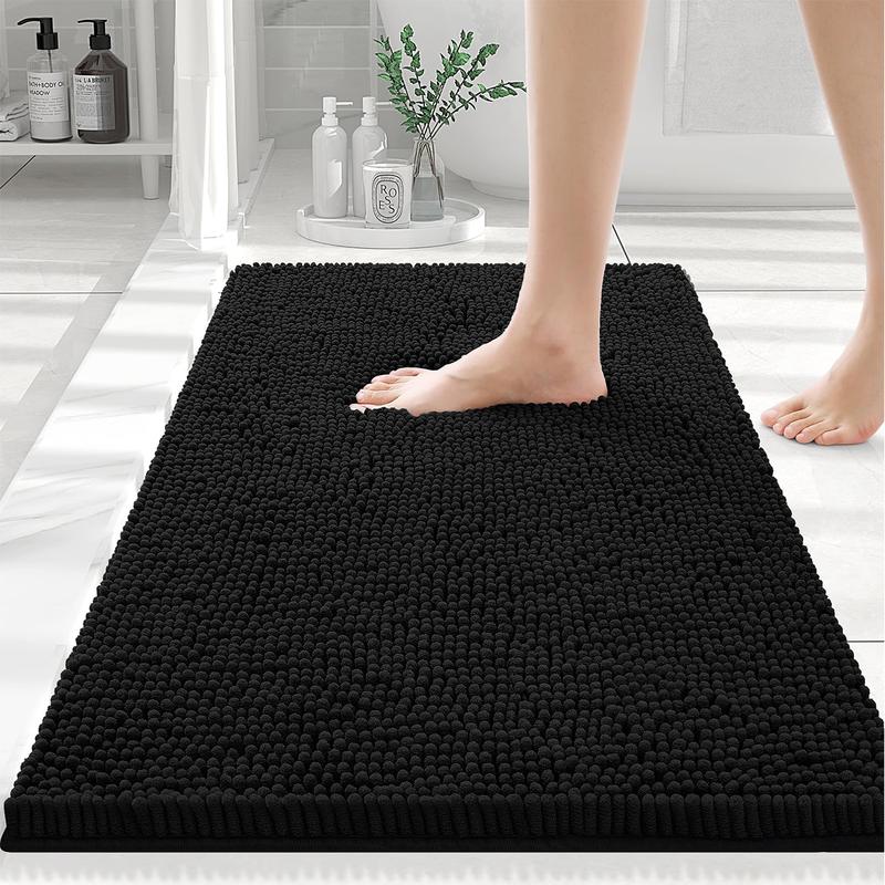 Black Luxury Chenille Bath Rug, 30''x20'', Extra Soft and Absorbent. non-slip plush shaggy bath carpet, Machine Washable. Carpet Runner for Tub, Shower, and Bath Room. Mat Microfiber