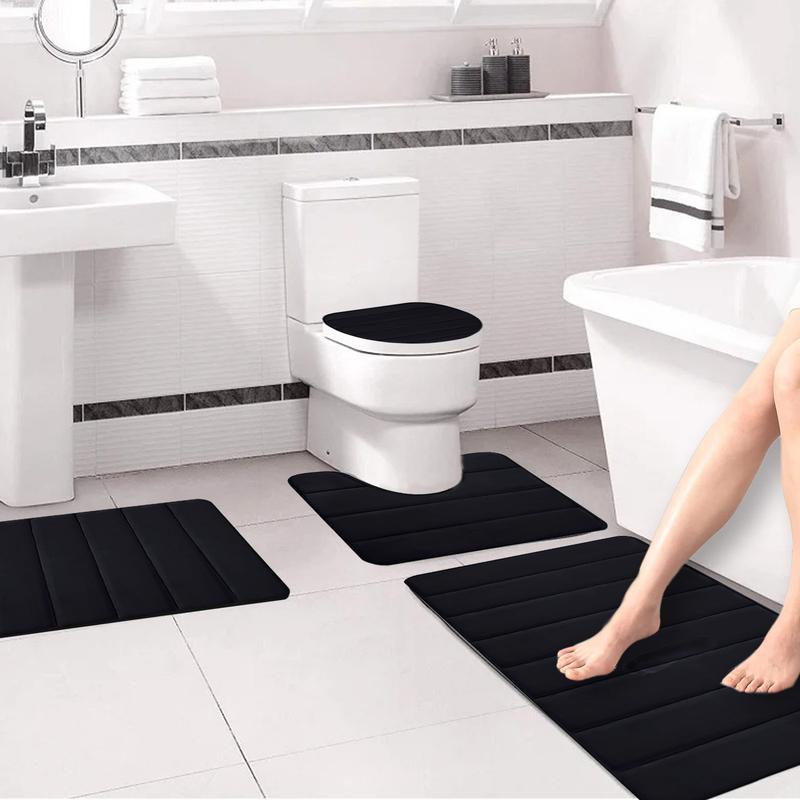 Black Memory Foam Bathroom Rug Set 4 Piece, Non Slip Extra Soft Absorbent Washable & Dry Toilet Bath Mat Sets