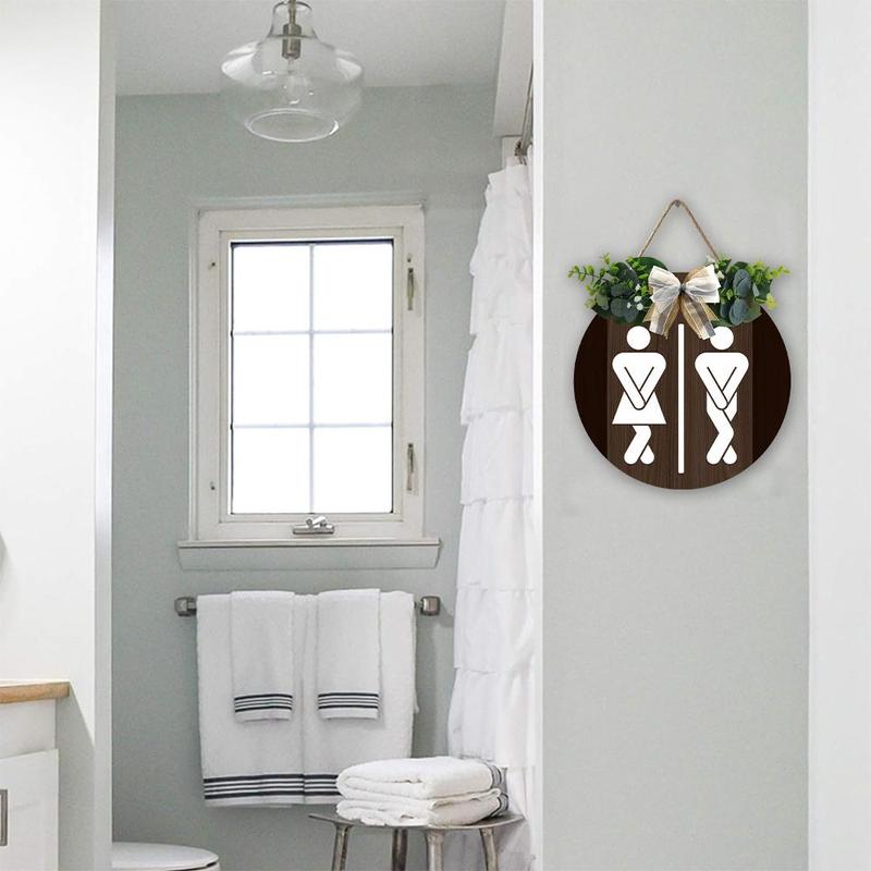 Wreath Pattern Design Bathroom Sign, 1 Count Cute Funny Toilet Decor Sign, Wooden Rustic Restroom Wall Art Hanging Farmhouse Plaque