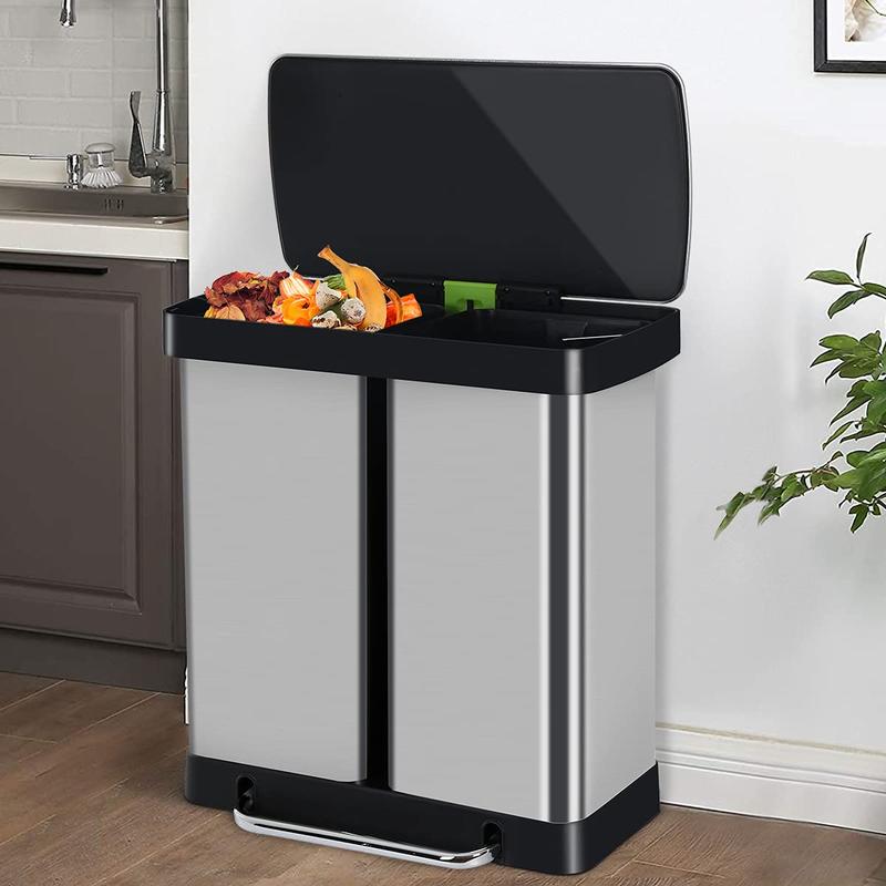 Kitchen Trash Can 16 Gallon  60L Stainless Steel Dual Trash Can with Lid & Double Barrel, High-Capacity Step Garbage Can Classified Recycle Rubbish Bin Combo for Bathroom Bedroom Home Office