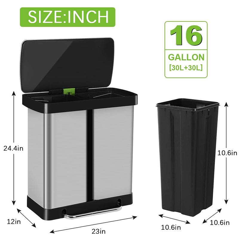 Kitchen Trash Can 16 Gallon  60L Stainless Steel Dual Trash Can with Lid & Double Barrel, High-Capacity Step Garbage Can Classified Recycle Rubbish Bin Combo for Bathroom Bedroom Home Office