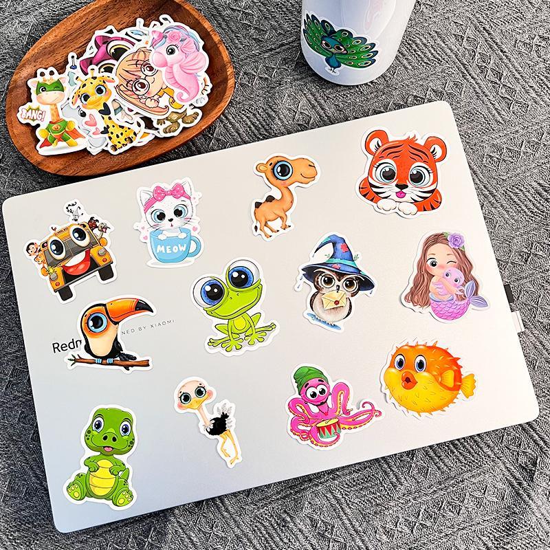 50pcs Cute Animal Pattern Self-Adhesive Sticker, Waterproof Skateboard Decoration Sticker