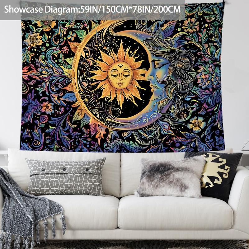 Sun & Moon & Flower Pattern Tapestry, 1 Count Psychedelic Mysterious Themed Tapestry, Wall Hanging Decoration for Home Bedroom Living Room Dormitory