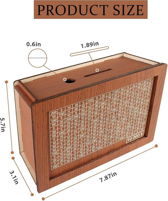 Cash Vault Wooden Savings Box,Wooden Cash Saver Money Box,Wooden Piggy Bank Coin Bank with Counting Target,10000 Savings Challenge Box,Wooden Coin Bank for Boys and Girls