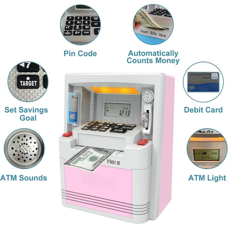 Electronic Piggy Bank for Kids, Cash Coin Can ATM Bank, Kids Banks for Real Money, Electronic ATM Machine Password Cash Coin, Toys for Ages 6-13 Piggy Bank, Electronic Savings Safe