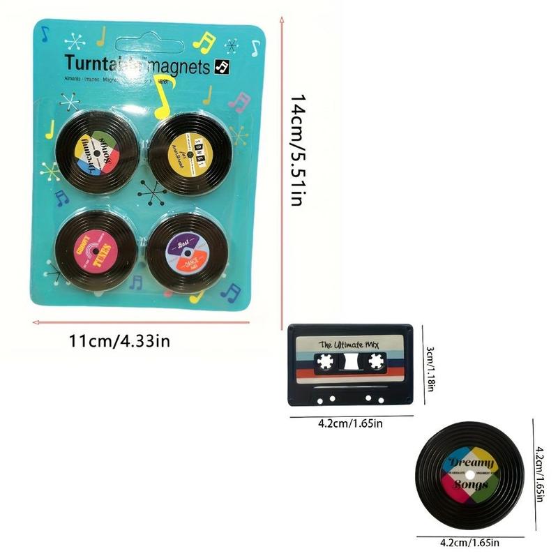 Cassette Tape and Record Design Refrigerator Magnet, 4 Counts set Vintage Refrigerator Magnets for Kitchen Decoration, Cute and Unique Gift