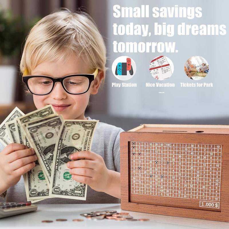 Cash Vault Wooden Savings Box,Wooden Cash Saver Money Box,Wooden Piggy Bank Coin Bank with Counting Target,10000 Savings Challenge Box,Wooden Coin Bank for Boys and Girls