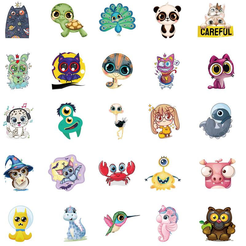 50pcs Cute Animal Pattern Self-Adhesive Sticker, Waterproof Skateboard Decoration Sticker