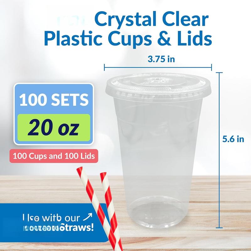 Plastic Cups with Lids 20 oz | 100 Sets | Clear Plastic Cups with Lids |  Cups with Lids | Leak Proof Cups and Lids for Smoothies, Iced Coffee