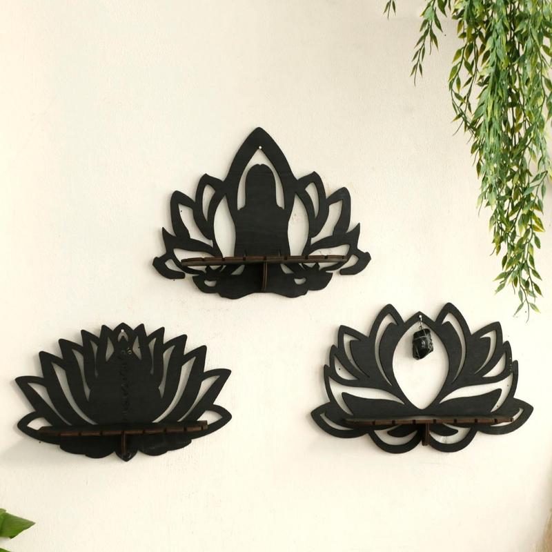 Lotus Flower Design Wall Hanging Shelf, 1 2 3 Counts Wooden Hanging Decor, Wall Shelf for Home Office Bedroom Living Room, Home Decor