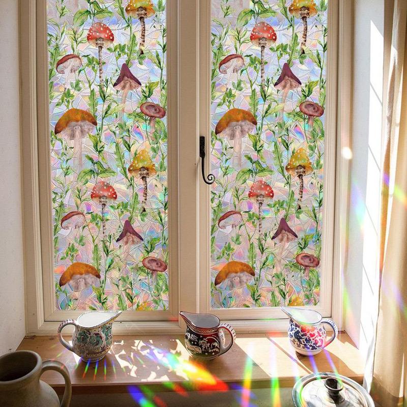 Mushroom Forest Pattern Window Sticker, 1 Count Colorful Window Film, Window Covering Sticker for Home Office Kitchen Bathroom