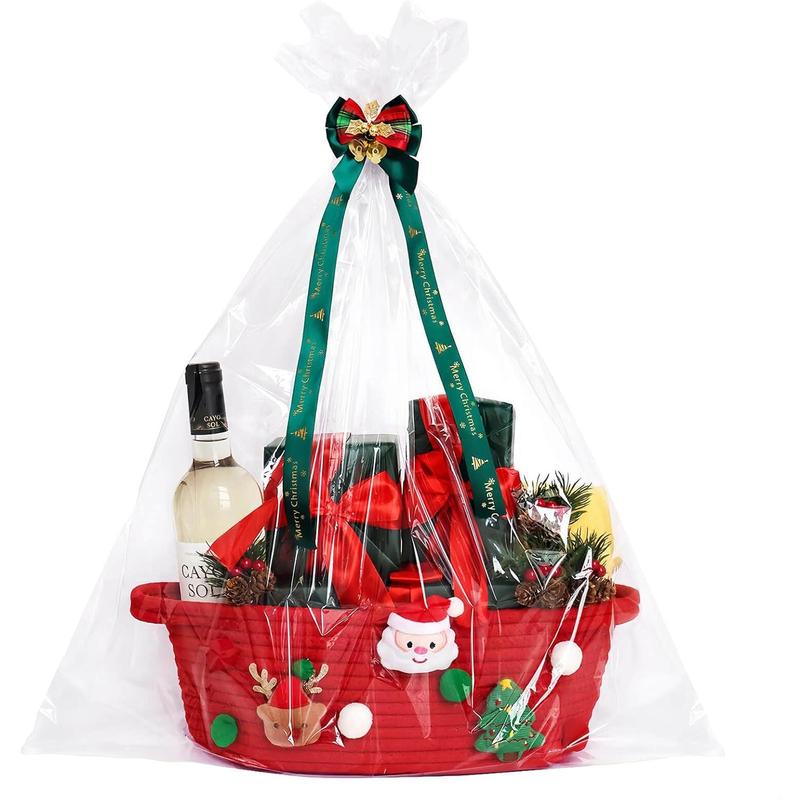 Christmas Gift Basket Empty Wrapping Set, Red Small Cotton Rope Basket with Gift Bag and Bow Ribbon Xmas Gifts for Women Men Kids, Storage Toy Snack Basket with Handle for Home Christmas Decorations