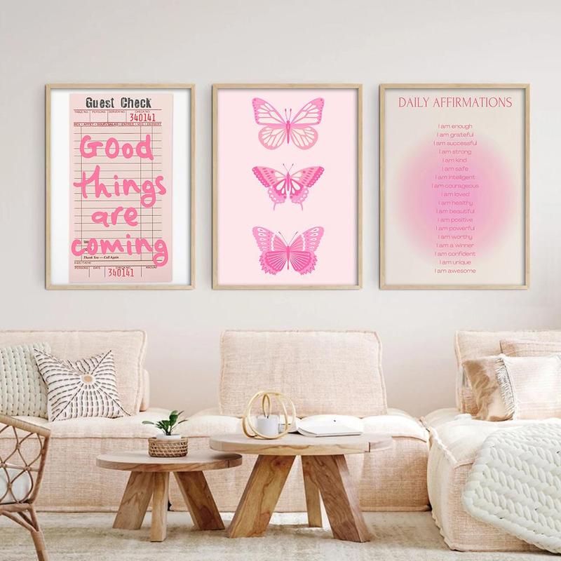 Butterfly & Letter Pattern Unframed Painting, 3 Counts set Creative Wall Art, Wall Decor for Home Living Room Bedroom Office