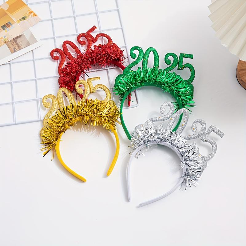 Elegant 2025 New Year's Headbands Set of 4 - Resin Christmas Party Hat Decorations, Color Matching Dress Up Hair Accessories for Holiday Celebrations