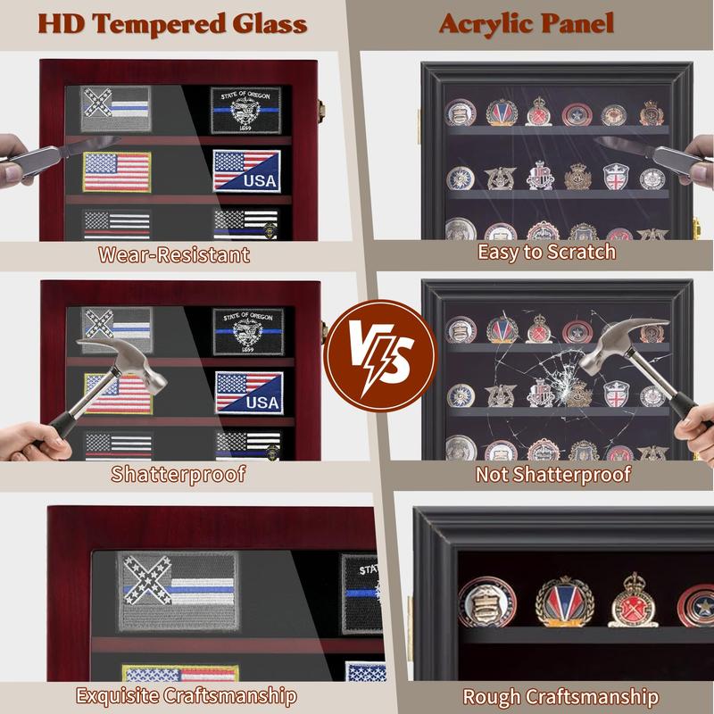 Challenge coin display box; HD Tempered Glass; removable shelves and black felt lining, wall mounted coin rack, tabletop display cabinet; storage box