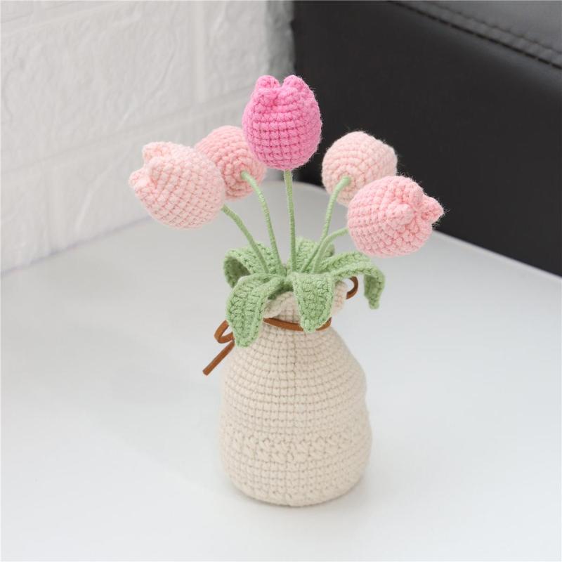 Handmade Knitted Flower with Vase for Room Decor, 1 Count Artificial Tulip Flower, Decorative Flower for Home Living Room Bedroom Dining Room, Fall Decor