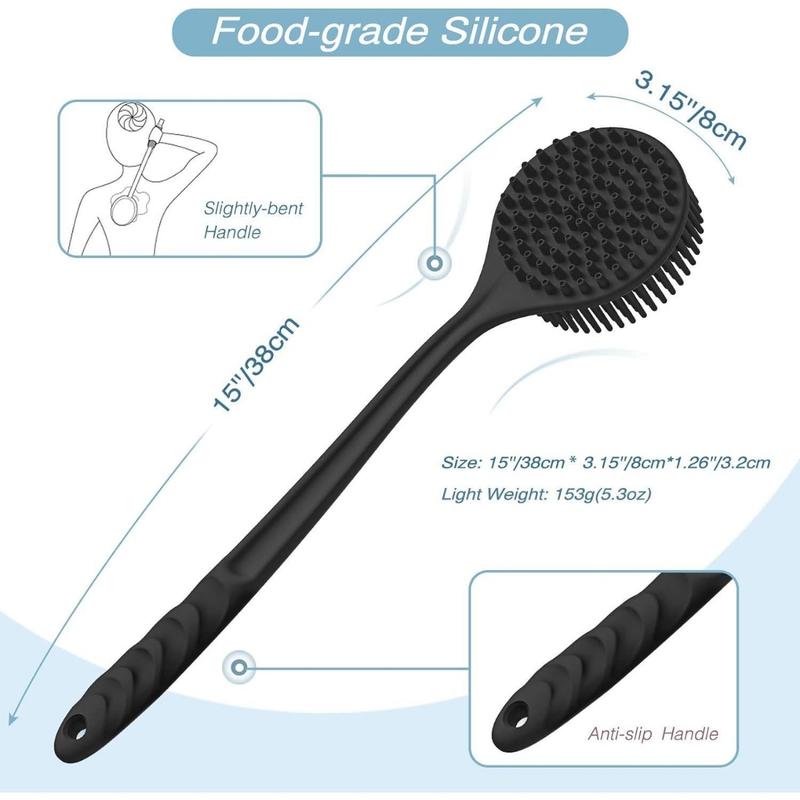 Silicone Back Scrubber(Thick Bristles) & Soft Bath Glove Set, Super-Exfoliating Body Scrubber & Super-Lathering Shower Brush Combination, with a Free Hook-Black Accessories