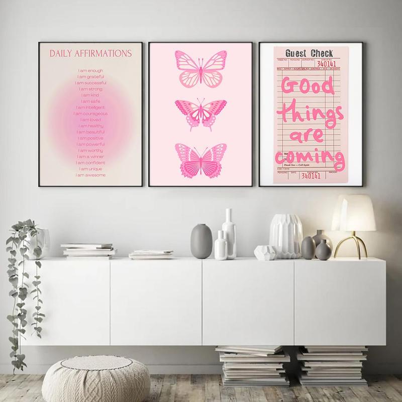 Butterfly & Letter Pattern Unframed Painting, 3 Counts set Creative Wall Art, Wall Decor for Home Living Room Bedroom Office