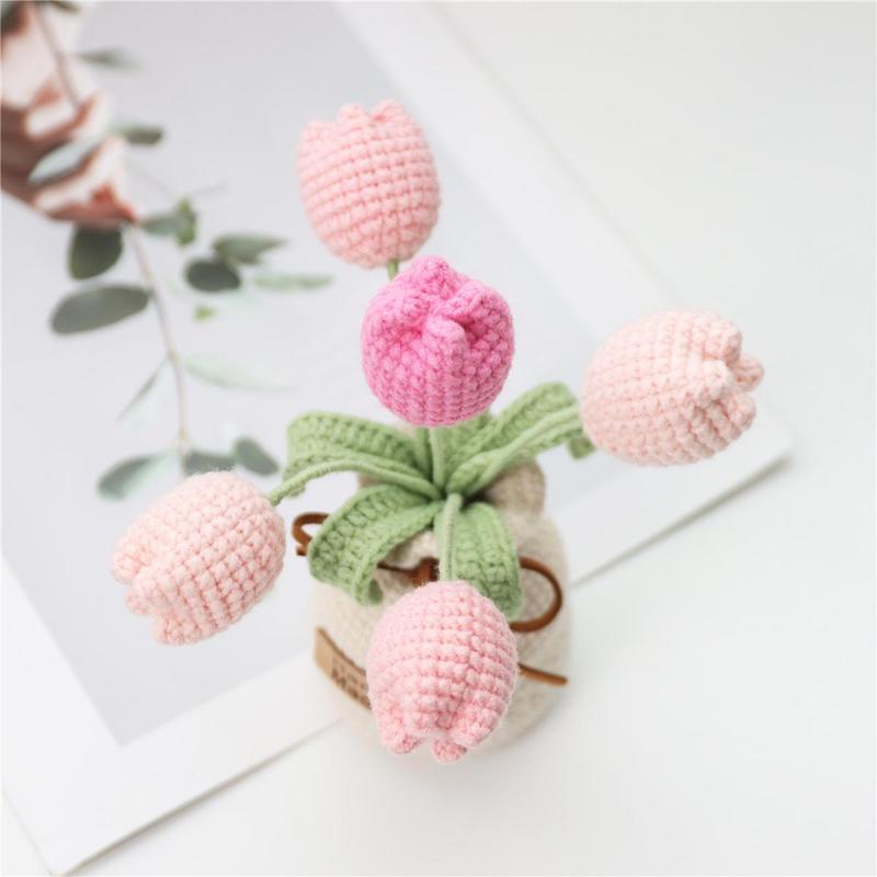 Handmade Knitted Flower with Vase for Room Decor, 1 Count Artificial Tulip Flower, Decorative Flower for Home Living Room Bedroom Dining Room, Fall Decor