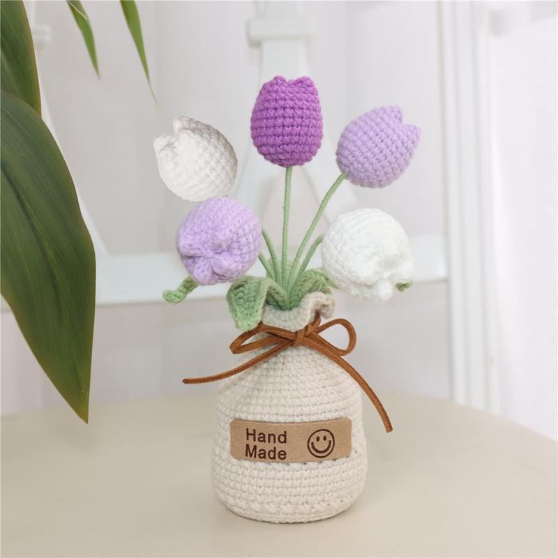 Handmade Knitted Flower with Vase for Room Decor, 1 Count Artificial Tulip Flower, Decorative Flower for Home Living Room Bedroom Dining Room, Fall Decor