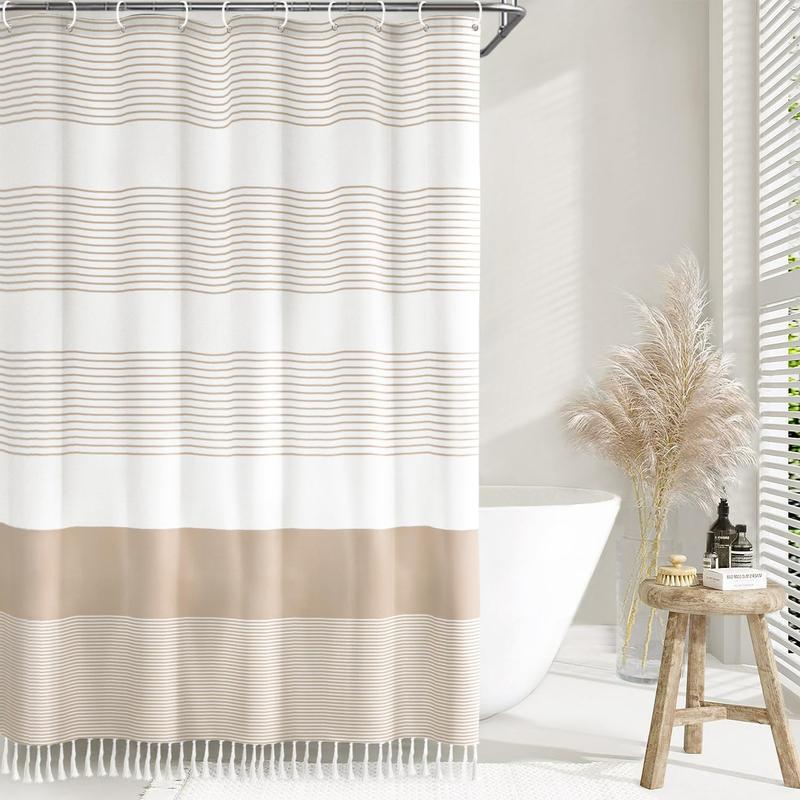 Boho Beige Shower Curtain for Bathroom Stripe Tassel Shower Curtain 36 X 72 Inches Farmhouse Linen