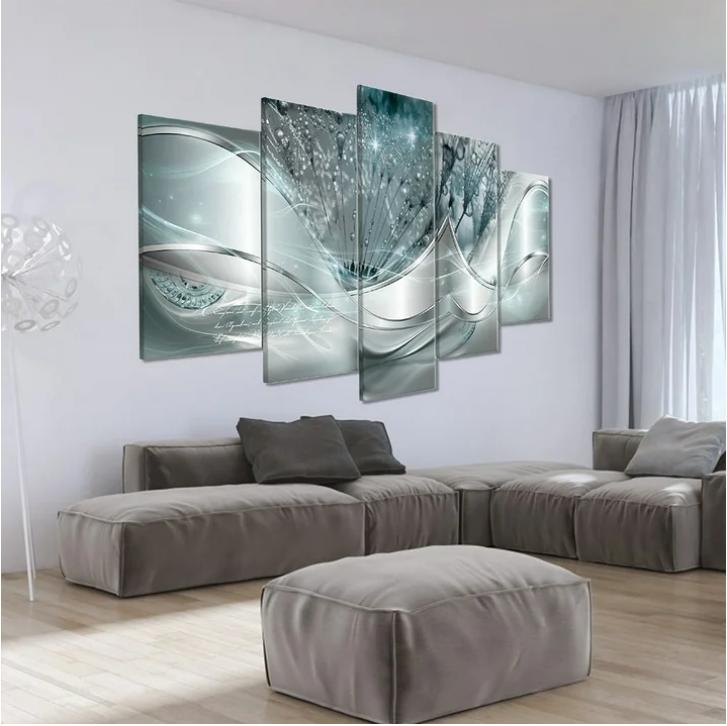 Abstract Wall Art Painting - 5 Piece Canvas Set - Flowing Water Droplets & Flower Wall-Art Background