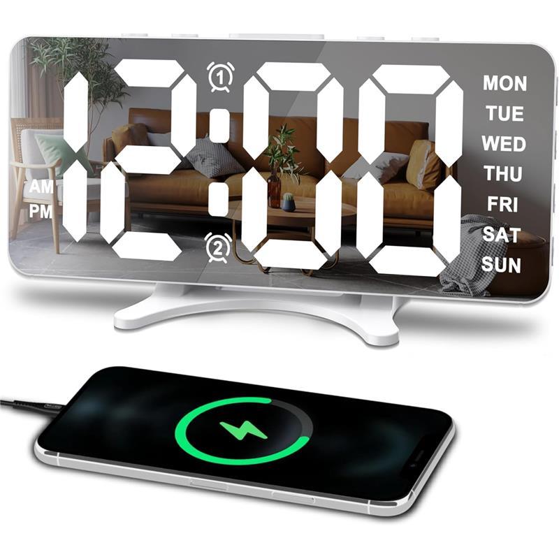 Alarm Clocks for Bedrooms, Slim LED Mirror Digital Alarm Clock, Large Display with Dim Mode, Dual USB Port, 4 Level Brightness&2 Level Volume, Desk Clock for Office Home Bedroom Dorm Living Room Decor