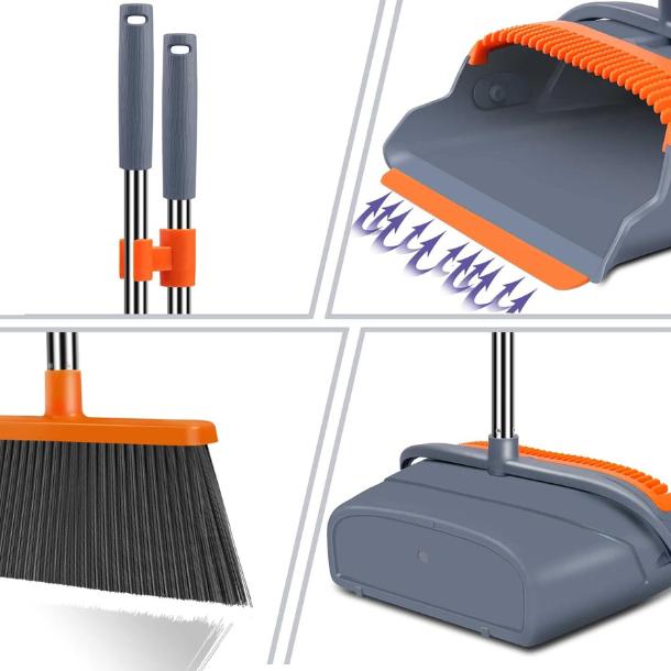 Broom and Dustpan Set, Self-Cleaning with Dustpan Teeth, Sweeping, Ideal for Dog Cat Pet Home Use, Stand Up Broom and Dustpan (Gray&Orange) Comfortable