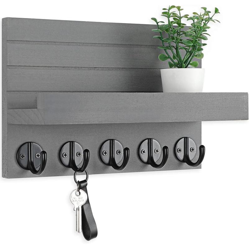 Paulownia Wood Key Holder, Wall Mounted with Shelf and Hooks for Bags, Coats, Umbrella. Decor Shelves