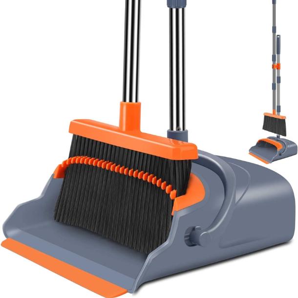 Broom and Dustpan Set, Self-Cleaning with Dustpan Teeth, Sweeping, Ideal for Dog Cat Pet Home Use, Stand Up Broom and Dustpan (Gray&Orange) Comfortable