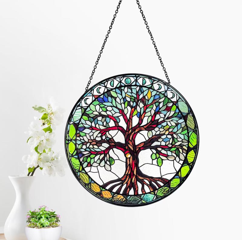 Tree of Life Stained Glass Sun Catcher with Moon Phases – Window Hanging, Wall Art, Indoor Decor, and Unique Gift