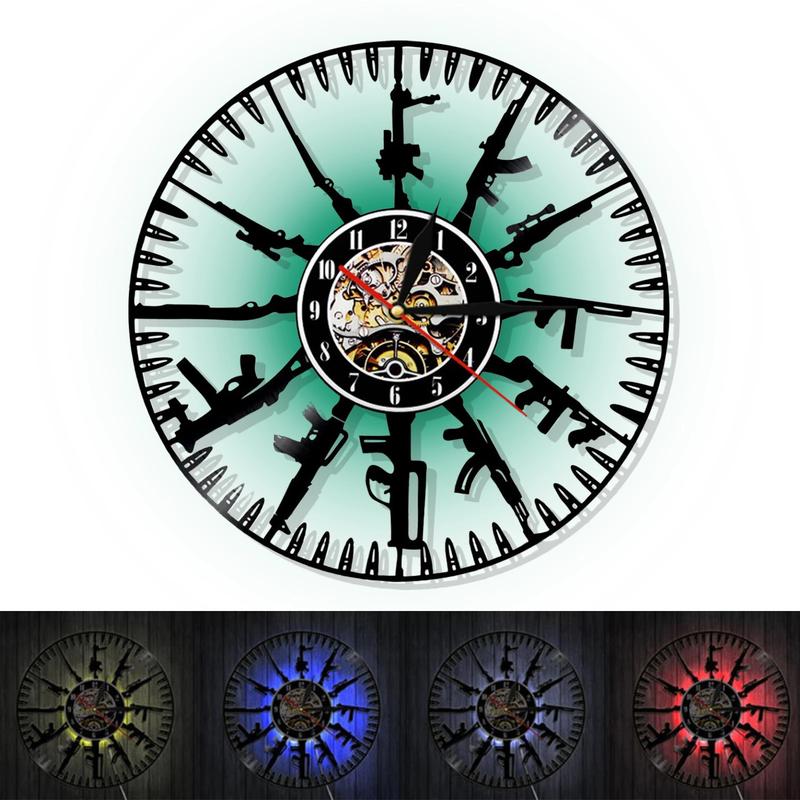 12inch Vinyl Record Clock 7-Color LED Light Bullets Guns Luminous Wall-mounted Clock for Living room Bedroom Home Decoration