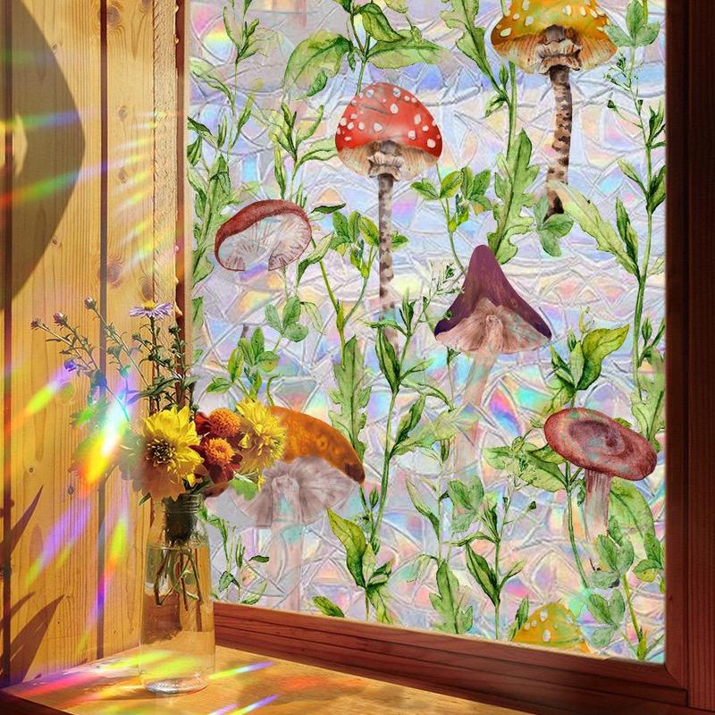 Mushroom Forest Pattern Window Sticker, 1 Count Colorful Window Film, Window Covering Sticker for Home Office Kitchen Bathroom