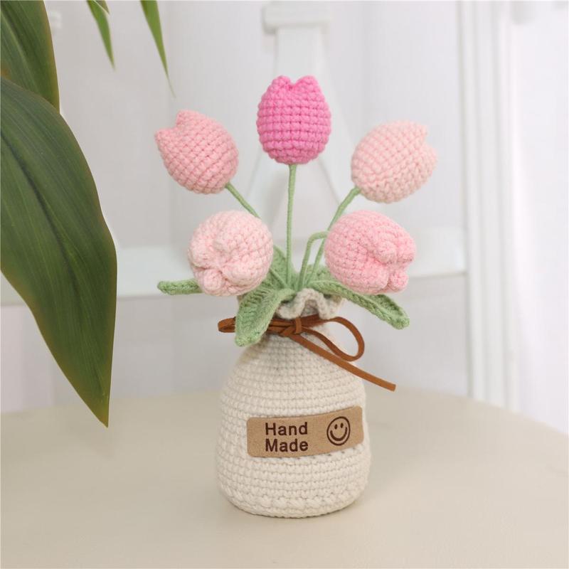 Handmade Knitted Flower with Vase for Room Decor, 1 Count Artificial Tulip Flower, Decorative Flower for Home Living Room Bedroom Dining Room, Fall Decor