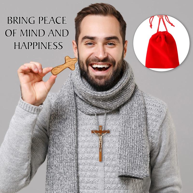 Wooden Cross Decoration 6 Pcs 4.1 In Small Hand Held Pine Wooden Cross with Velvet Bag Pocket Suitable for Home and Office Christmas Easter Religious Christian Prayer Gifts Perfect Gift Idea