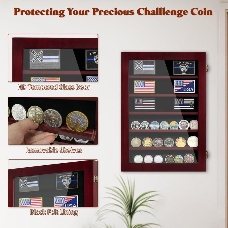 Challenge coin display box; HD Tempered Glass; removable shelves and black felt lining, wall mounted coin rack, tabletop display cabinet; storage box